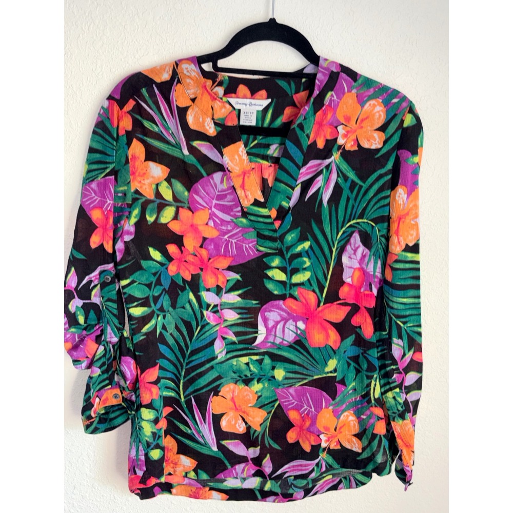 Tommy Bahama XS Tropical Floral Roll Tab Sleeve Cotton V-Neck Blouse Black